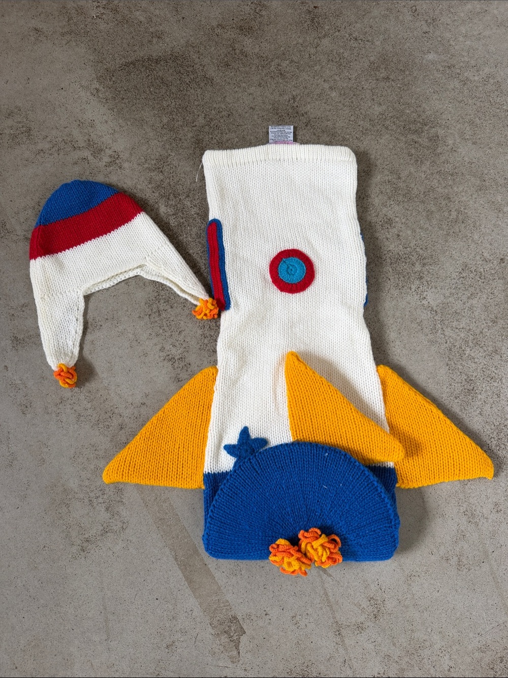 Kids Knit Rocket Costume Hat and Scarf Set - White, Blue & Yellow